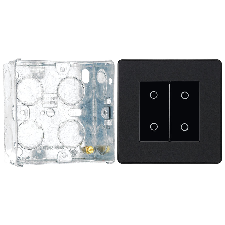 BG Evolve Matt Black Double Master Touch Dimmer Switch PCDMBTDM2B with 35mm Steel Back Box