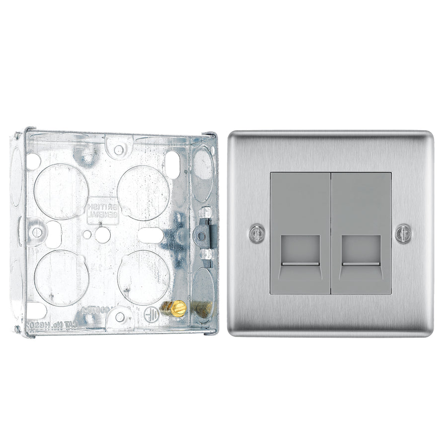 BG Nexus Brushed Steel Double Slave Telephone Socket NBSBTS2 with 25mm Steel Back Box