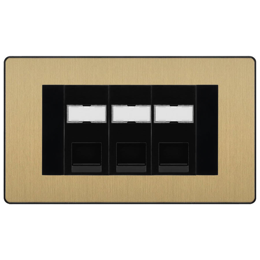 BG Evolve Satin Brass 3 Gang RJ45 Cat5e Data Socket Black Inserts