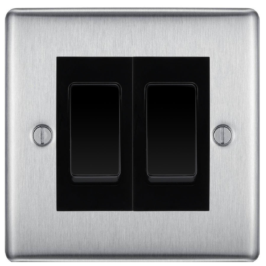 BG Nexus Brushed Steel 2 Gang Intermediate Light Switch Custom Grid – Black Insert