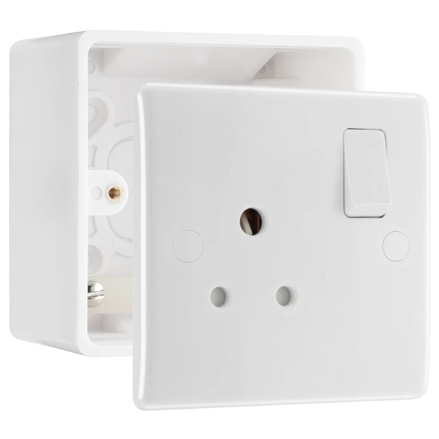 BG Electrical 5A Switched Round Pin Socket White & 50mm Pattress Back Box