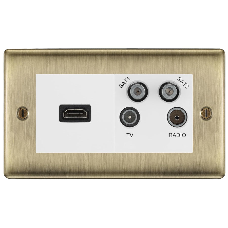 BG Nexus Antique Brass 4G Faceplate with HDMI + TV/FM/SAT Module - White