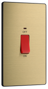 PCDSB72B Front - This Evolve Satin Brass 45A double pole switch with indicator from British General is ideal for use with cookers and has a large mounting plate measuring 146mm high x 86mm wide.