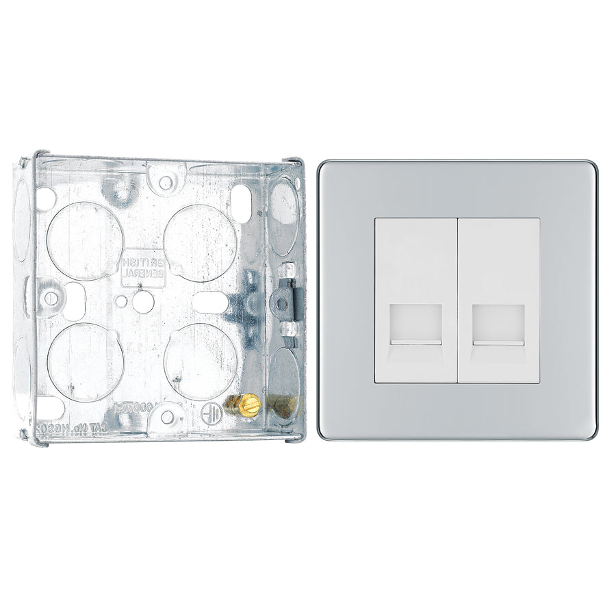 BG Screwless Polished Chrome 2 Gang Master Telephone Socket FPCBTM2 with 25mm Steel Back Box