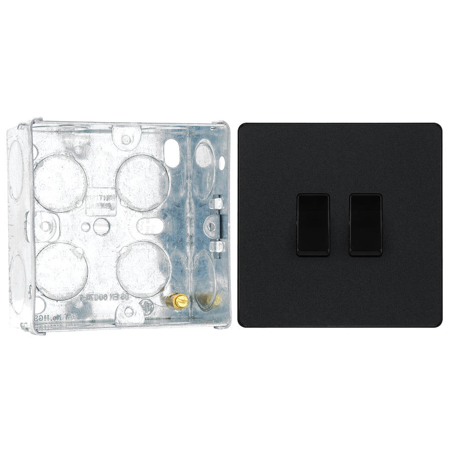 BG Evolve Matt Black 2 Gang 20A 16AX 2 Way Light Switch PCDMB42B with 35mm Steel Back Box