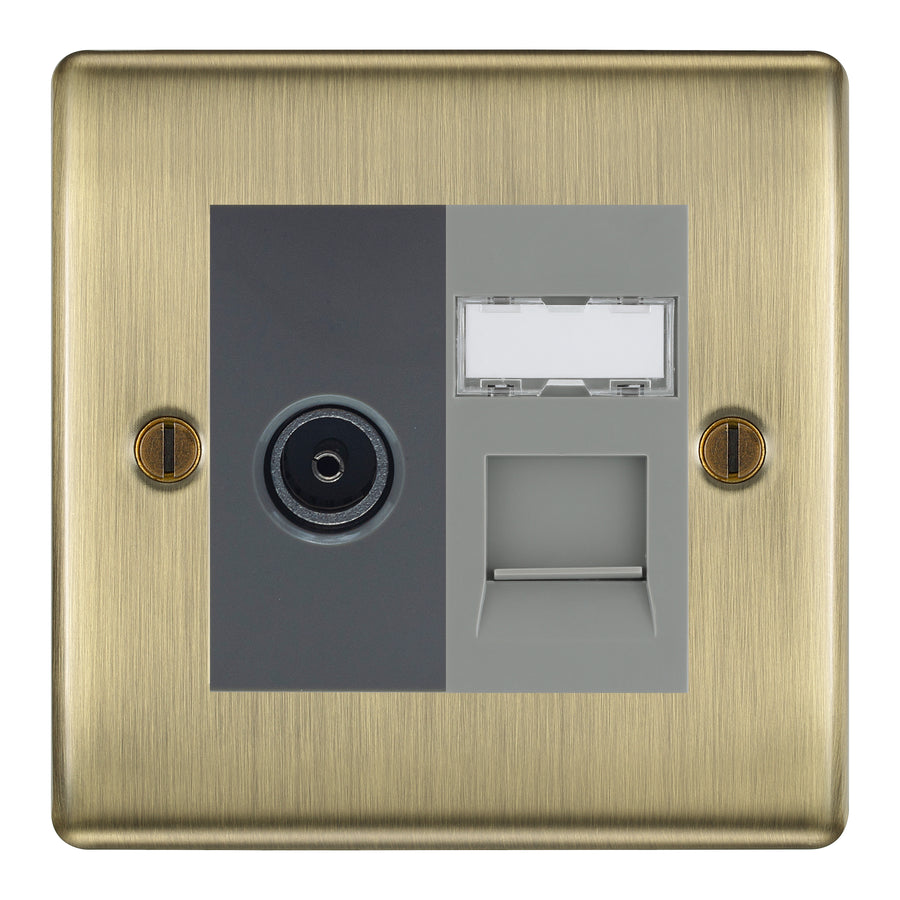 BG Nexus Antique Brass TV Aerial & RJ45 CAT6 Data Socket - Grey Insert