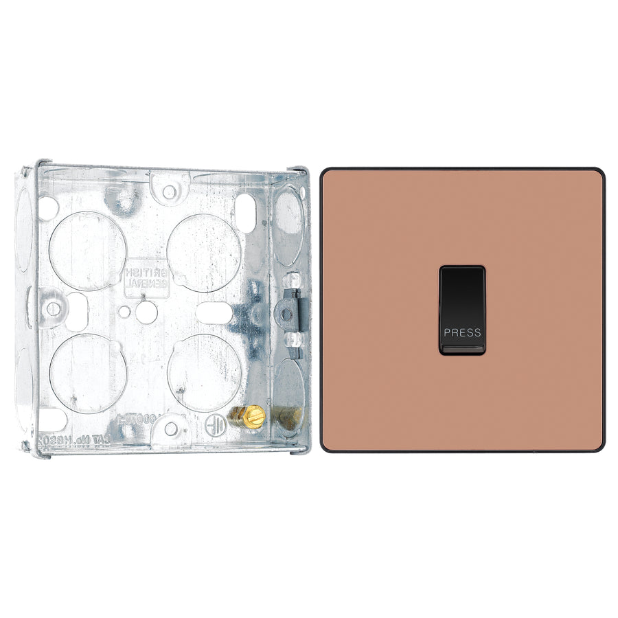 BG Evolve Polished Copper 10AX 1 Way Press Switch PCDCP14B with 25mm Steel Back Box