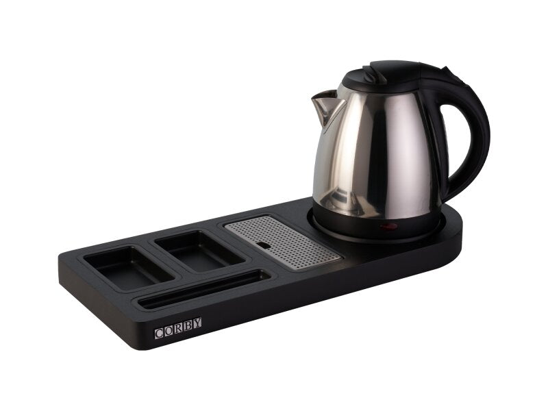 Corby Buckingham Standard Welcome Tray in Black with 1L Kettle in Polished Steel - UK Plug