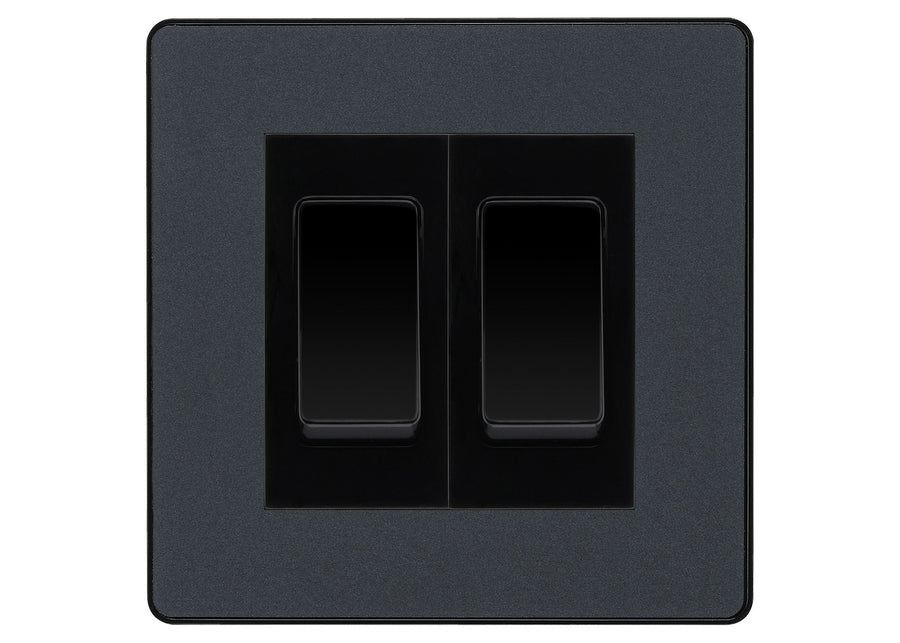 BG Evolve Matt Grey 2 Gang Intermediate Light Switch Custom Grid – Black Insert