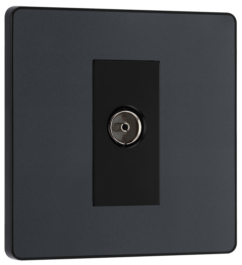 PCDMG60B Front - This Evolve Matt Grey single coaxial socket from British General can be used for TV or FM aerial connections. This socket has a low profile screwless flat plate that clips on and off, making it ideal for modern interiors.