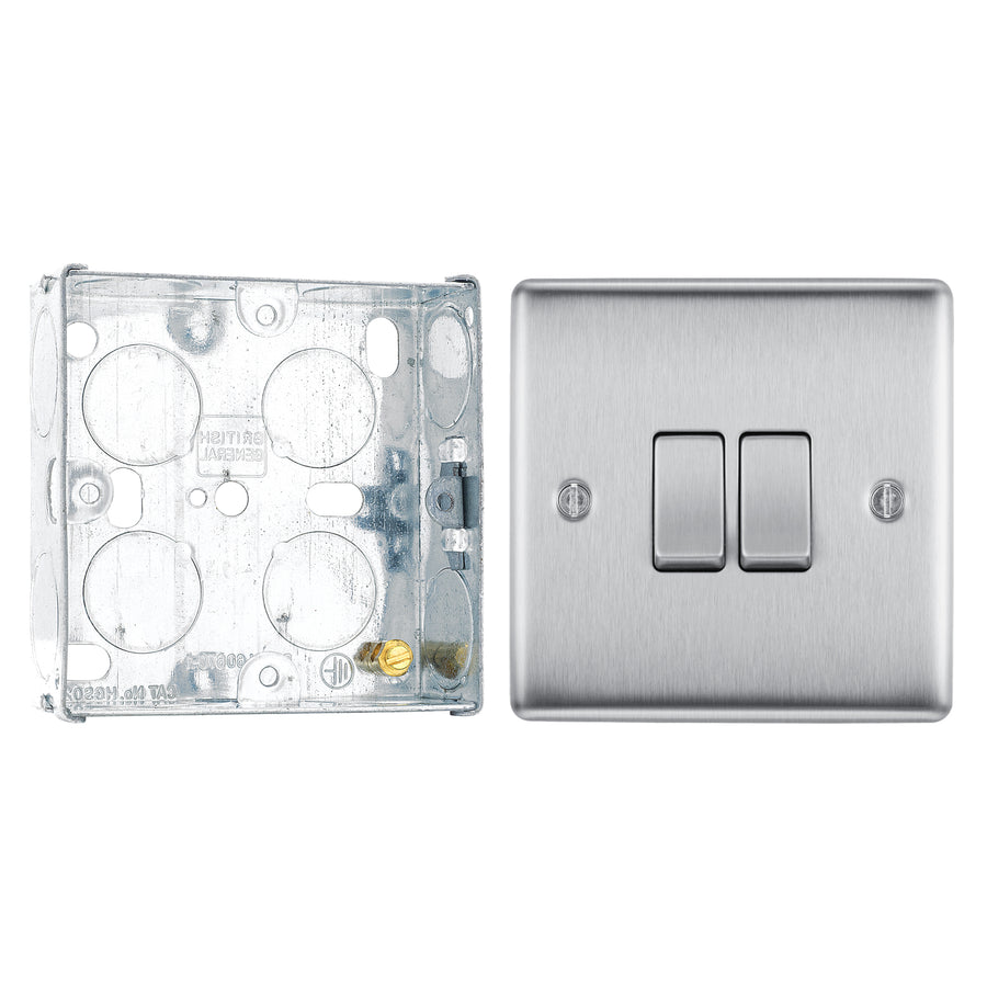 BG Nexus Brushed Steel 20A 16AX 2 Way Double Light Switch NBS42 with 25mm Steel Back Box
