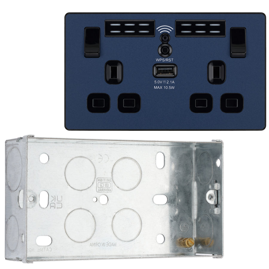 BG Evolve Matt Blue Double USB Socket with WiFi Extender PCDDB22UWRB with 35mm Steel Back Box