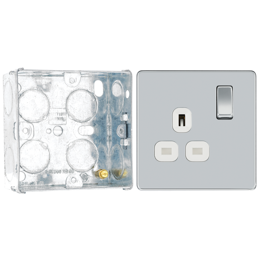 BG Screwless Polished Chrome 13A Single Switched Socket FPC21W with 35mm Steel Back Box