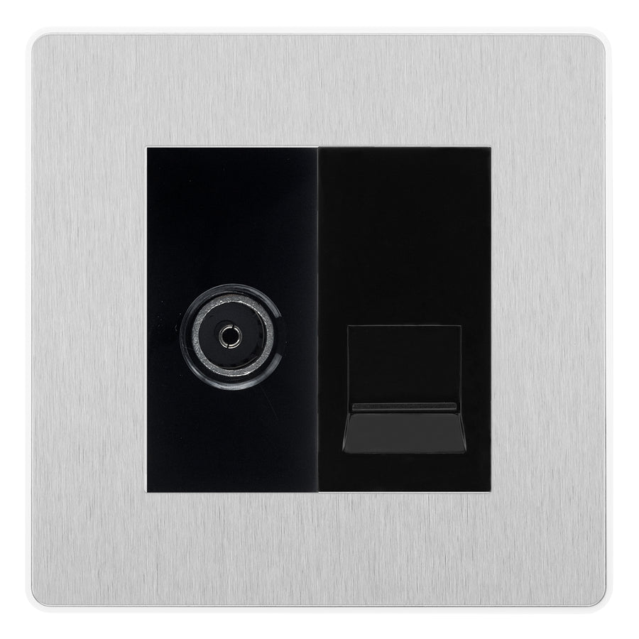 BG Evolve Brushed Steel TV Aerial & Secondary Telephone Socket - Black Insert