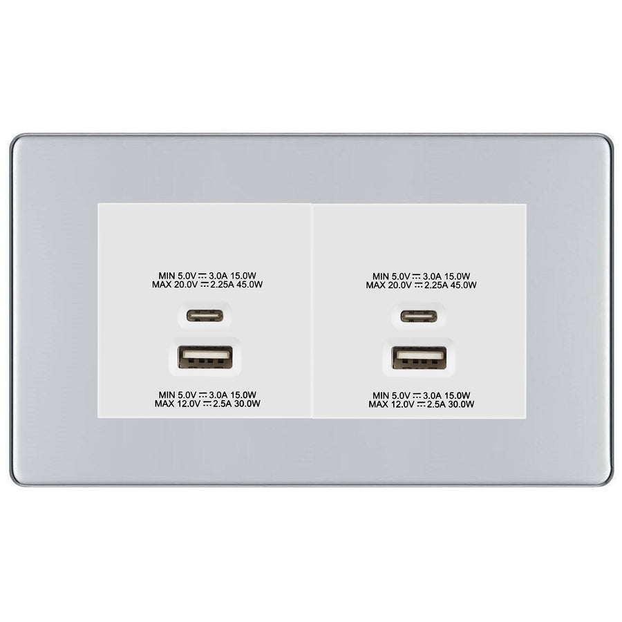 BG Screwless Polished Chrome 4G Faceplate with 45W USB A+C Charger Modules - White Insert