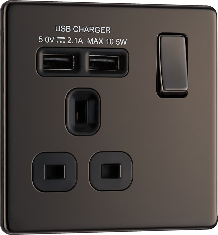  FBN21U2B Front - This completely screwless and slimline flat plate 13A single power socket from British General comes with two USB charging ports allowing you to plug in an electrical device and charge mobile devices simultaneously without having to sacrifice a power socket.