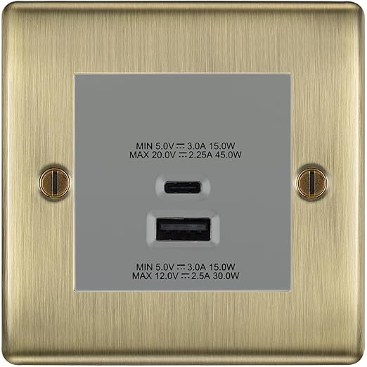 BG Nexus Antique Brass 45W USB Wall Socket Euro Module USB-A & C - Grey Insert