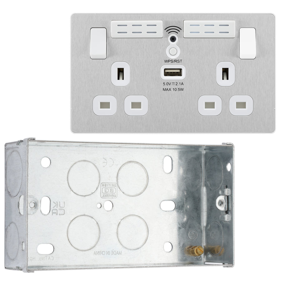 BG Evolve Brushed Steel Double USB Socket with WiFi Extender PCDBS22UWRW with 35mm Steel Back Box