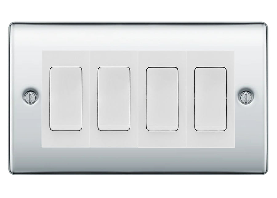 BG Nexus Polished Chrome 4-Gang Light Switch 2x 2-Way + 2x Intermediate – White Inserts