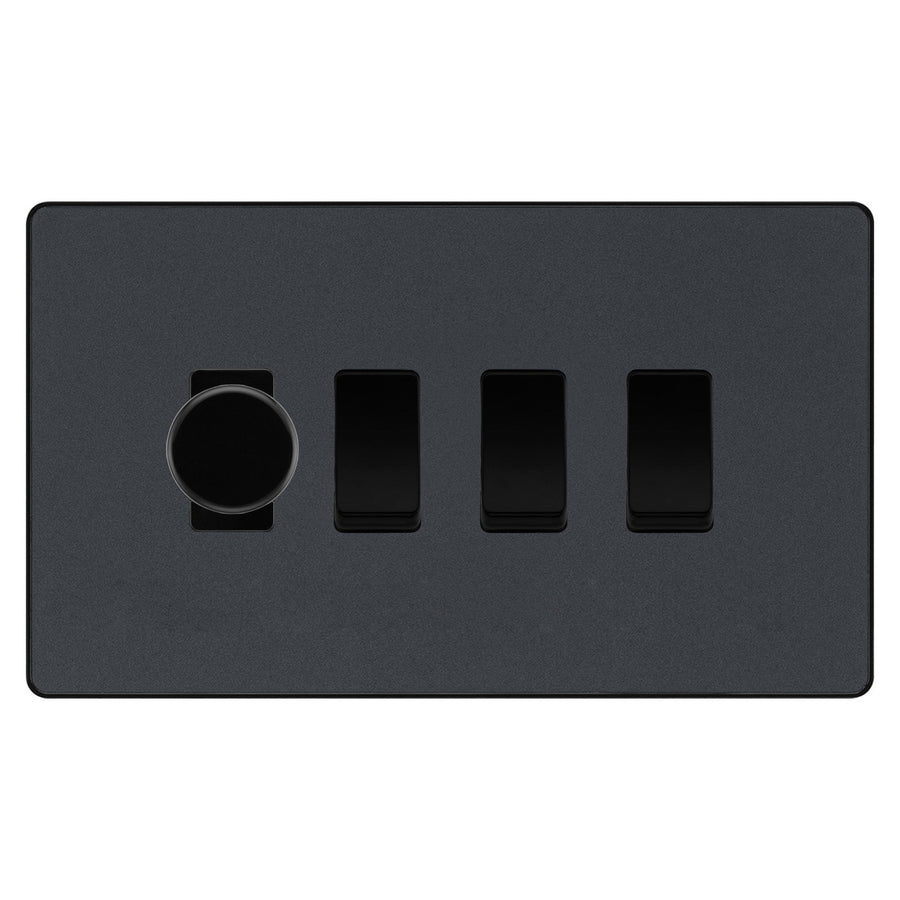 BG Evolve Matt Grey 4 Gang Light Switch 1x Trailing Edge LED Dimmer 3x 2 Way Custom Switch