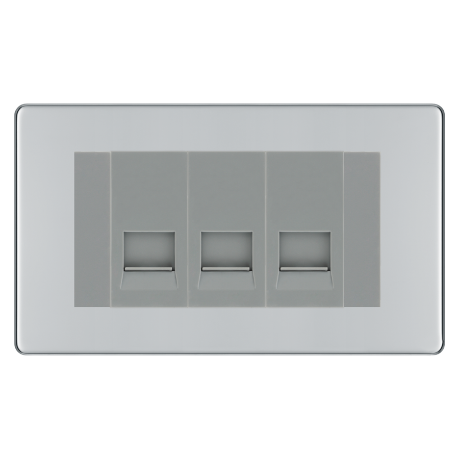 BG Screwless Polished Chrome 3 Gang Secondary Telephone Socket, Screw Terminal - Grey Insert