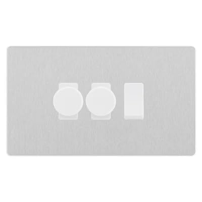 BG Evolve Brushed Steel 3 Gang Switch 2x Trailing Edge LED Dimmer 1x Intermediate Custom Grid Switch