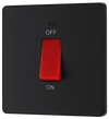 PCDMB74B Front - This Evolve Matt Black 45A double pole switch with indicator from British General is ideal for use with cookers and ovens. This switch has a low profile screwless flat plate that clips on and off, making it ideal for modern interiors.