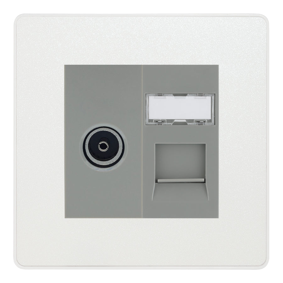 BG Evolve Pearlescent White TV Aerial & RJ45 CAT6 Data Socket - Grey Insert