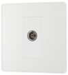  PCDCL60W Front - This Evolve pearlescent white single coaxial socket from British General can be used for TV or FM aerial connections. This socket has a low profile screwless flat plate that clips on and off, making it ideal for modern interiors.