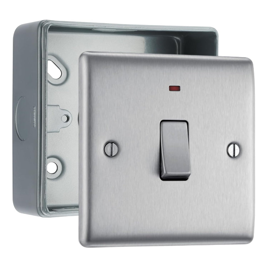 BG Nexus Brushed Steel 1 Gang 20A 2 Pole Neon Switch & Surface Pattress Back Box