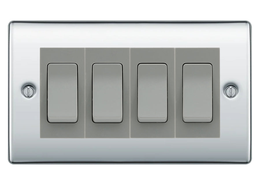 BG Nexus Polished Chrome 4-Gang Light Switch 1x 2-Way + 3x Intermediate – Grey Inserts