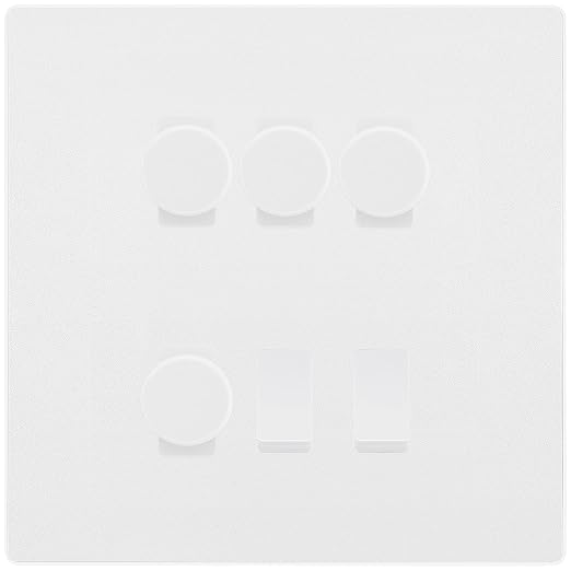 BG Evolve Pearlescent White 6 Gang Switch 4x Trailing Edge LED Dimmer, 1x Intermediate, 1x 2-Way Switch