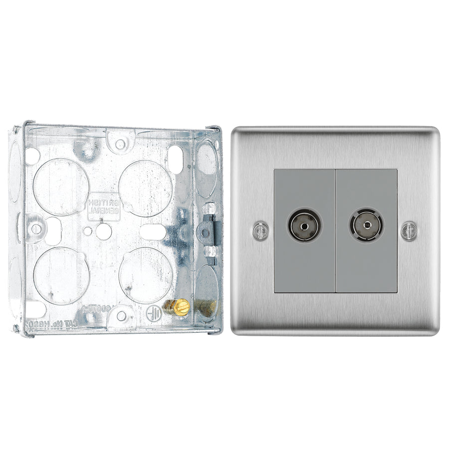 BG Nexus Brushed Steel 1x TV 1x FM Diplex Socket NBS66 with 25mm Steel Back Box