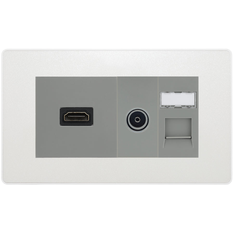 BG Evolve Media Wall Plate — TV Aerial, HDMI & CAT6 | Pearlescent White Screwless