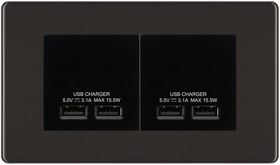 BG Screwless Black Nickel 4G Euro Plate with 2X USB-A Dual Charger Black Insert