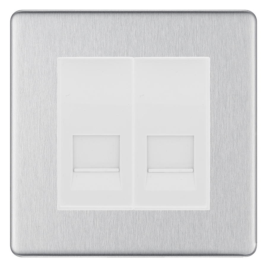 BG Screwless Brushed Steel Double Master Telephone Socket, Screw Terminal - White Insert