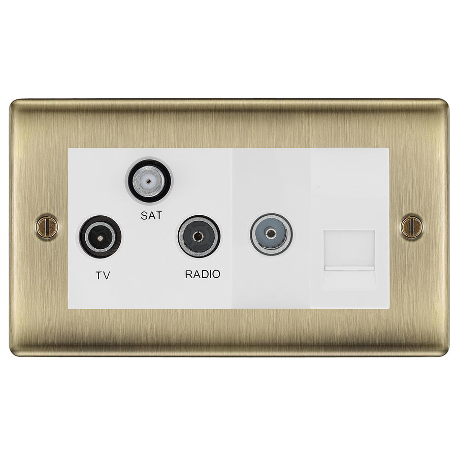 BG Nexus Antique Brass TV/FM/SAT + Return & 1 Gang Tel - Screened Triplex Socket NAB68W