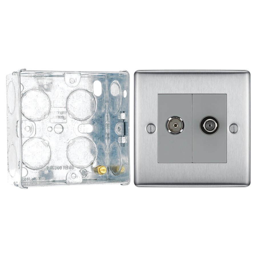 BG Nexus Brushed Steel 2 Gang Satellite & Co-axial Socket NBS65 with 35mm Steel Back Box
