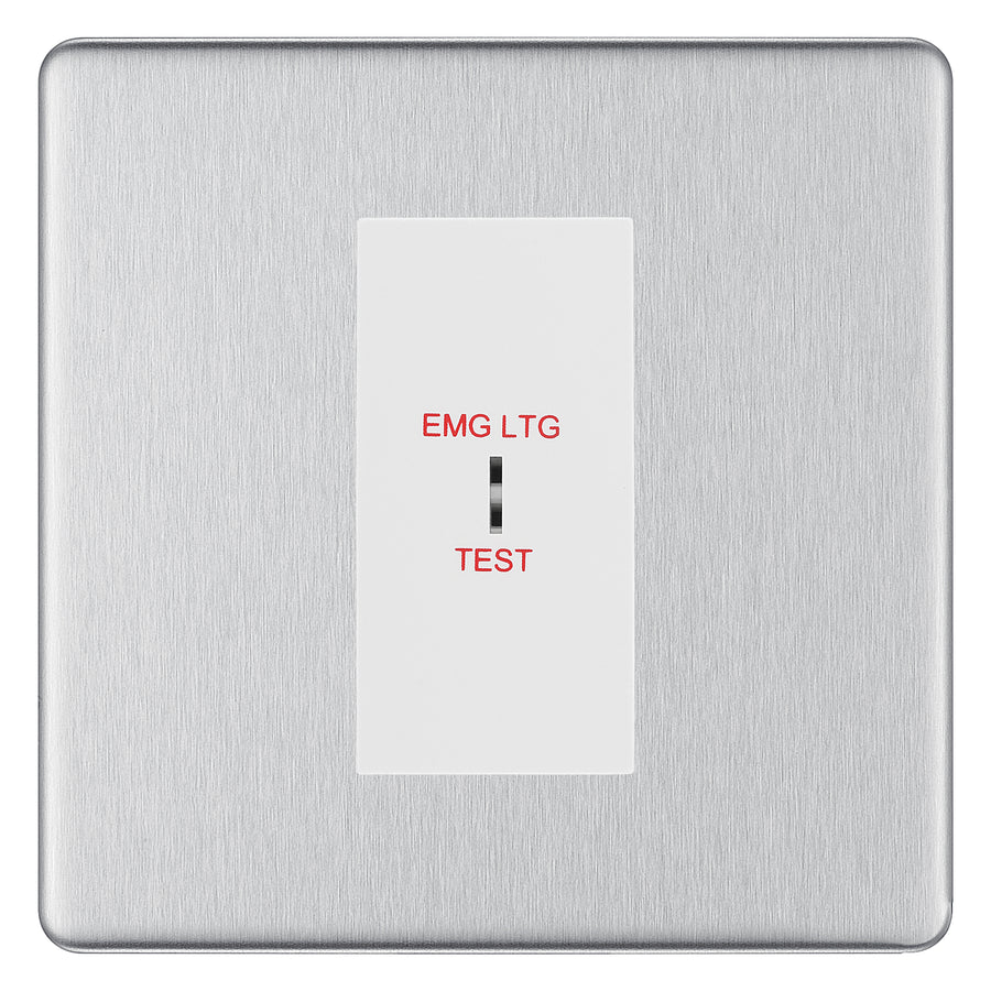 BG Flatplate Screwless Brushed Steel 20AX 2 Way Emergency Lighting Test Key Switch - Key Included - White Insert