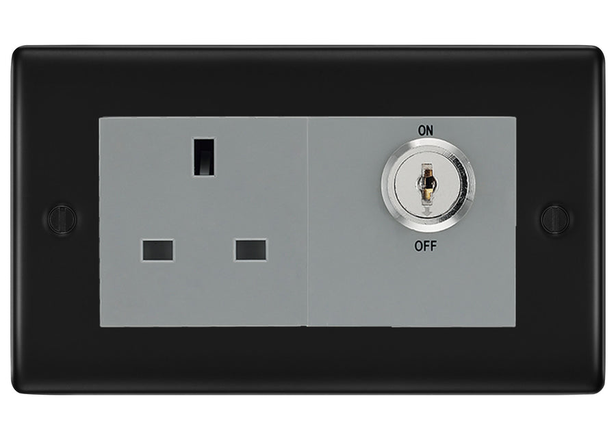 BG Nexus Matt Black 13A Double Pole Key Controlled Socket – Grey Inserts
