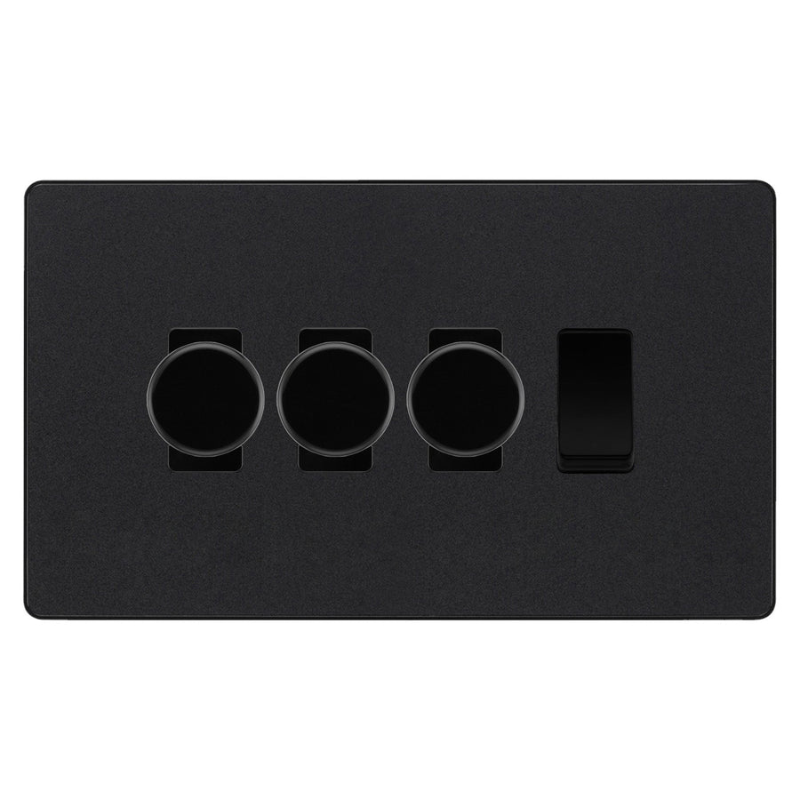 BG Evolve Matt Black 4 Gang Light Switch 3x Trailing Edge LED Dimmer1x 2 Way Custom Switch