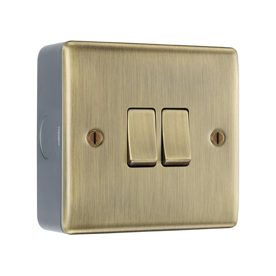 Antique Brass 2 Gang Double Light Switch & Surface Pattress Back Box