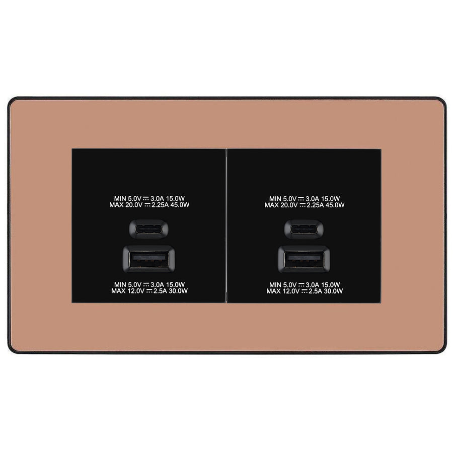 BG Evolve Polished Copper 4G Faceplate with 45W USB A+C Charger Modules – Black Insert