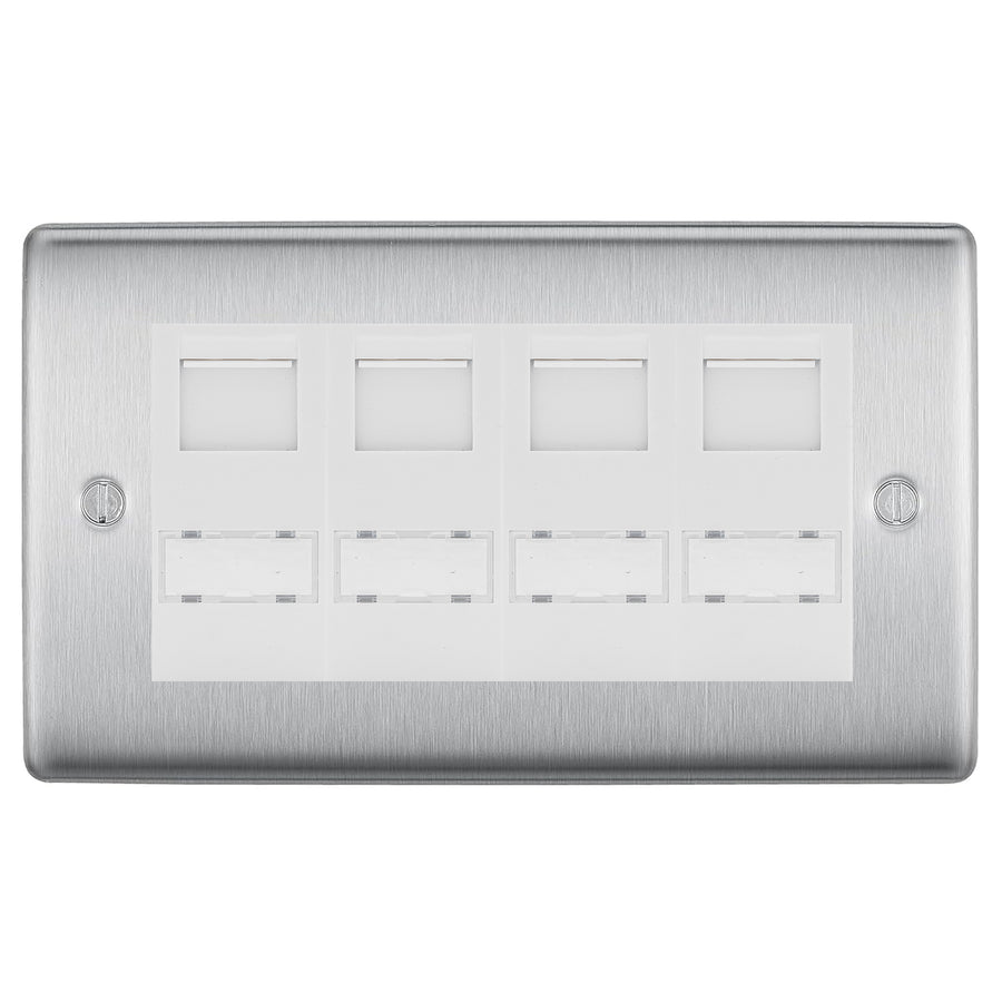 BG Nexus Brushed Steel 4 Gang RJ45 CAT6 Data Socket White Inserts
