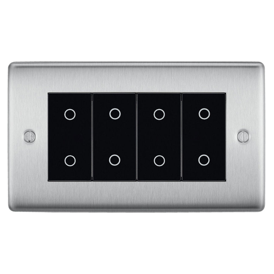 BG Nexus Brushed Steel Quad Master Touch Dimmer Switch Black Inserts NBSTDM4B