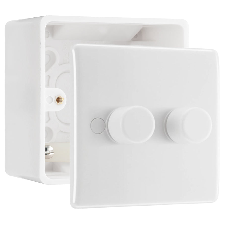 BG Nexus 2 Gang 200W 2 Way Trailing Edge Dimmer Switch & 50mm Pattress Back Box