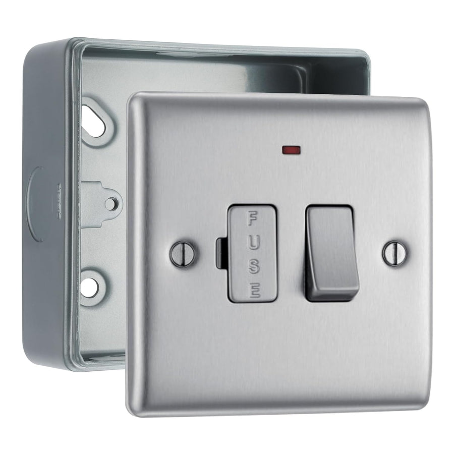 BG Nexus Brushed Steel 13A Neon Switched Fused Connection Unit & Surface Pattress Back Box