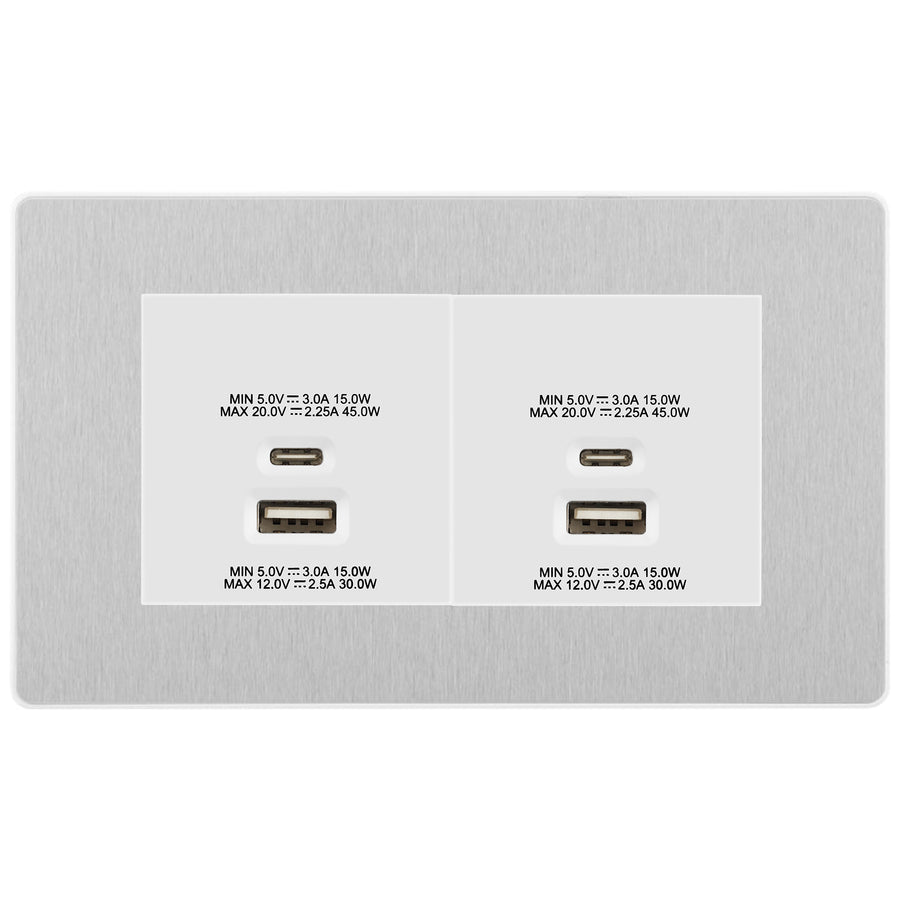 BG Evolve Brushed Steel 4G Faceplate with 45W USB A+C Charger Modules - White Insert