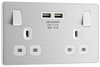 PCDBS22U3W Front - This Evolve Brushed Steel 13A double power socket from British General comes with two USB charging ports, allowing you to plug in an electrical device and charge mobile devices simultaneously without having to sacrifice a power socket.