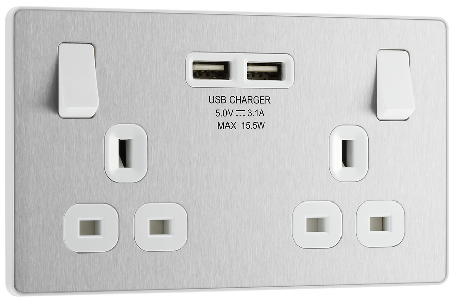 PCDBS22U3W Front - This Evolve Brushed Steel 13A double power socket from British General comes with two USB charging ports, allowing you to plug in an electrical device and charge mobile devices simultaneously without having to sacrifice a power socket.